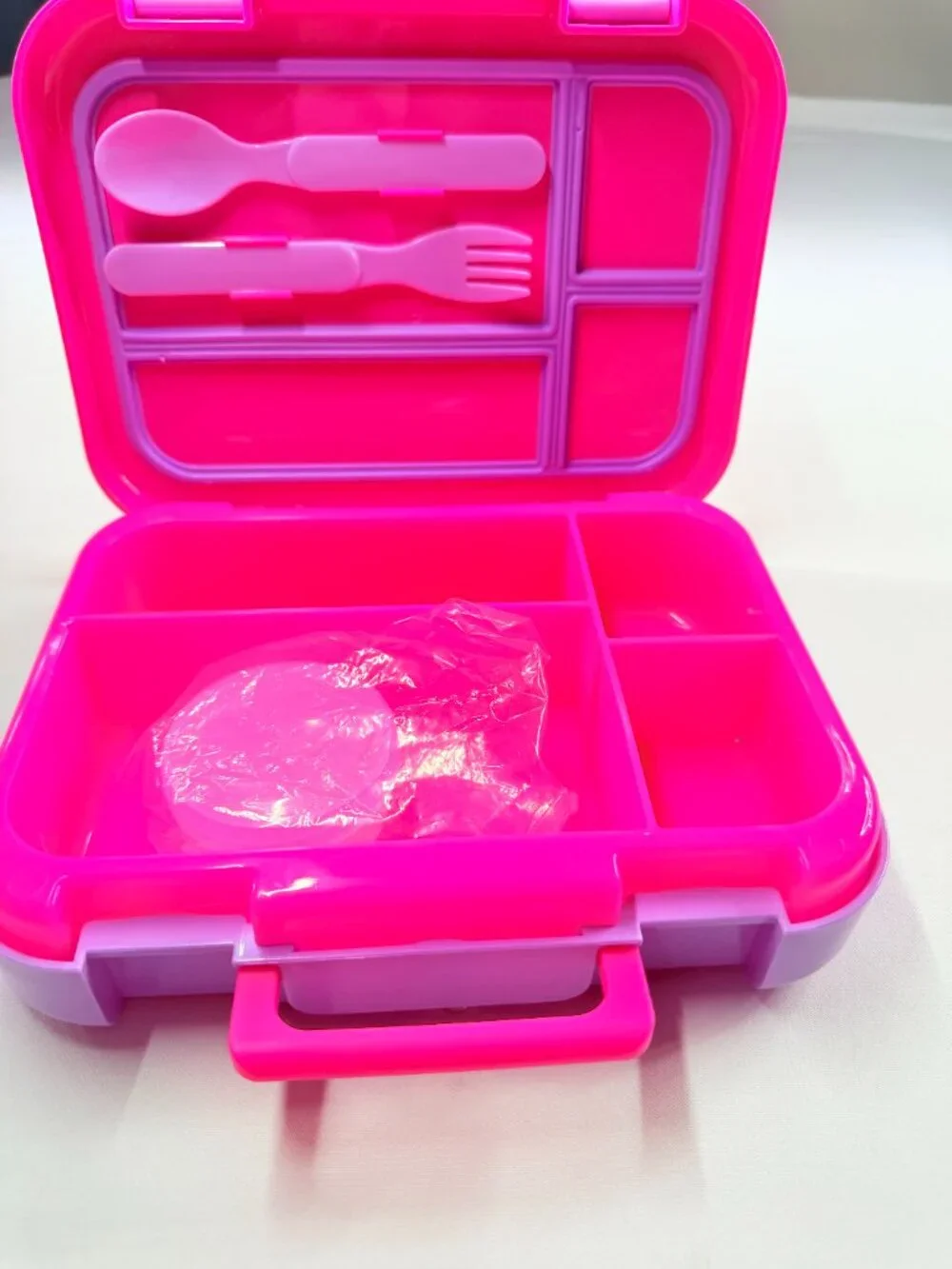 Kids Bento Lunch Box Pink Purple Leak Resistant Food Container w/ Spoon & Fork